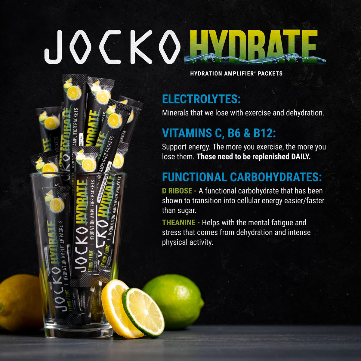 Jocko Fuel Packets Low Sugar - Hydration Amplifier Packets for Recovery, Dehydration, & Exercise - with Vitamins B6, B12 & C (16 Packets) Lemon Lime