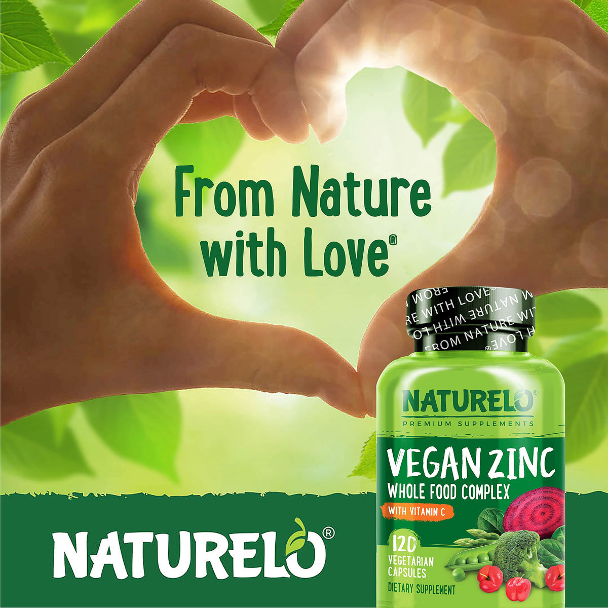 NATURELO Vegan Zinc Immune Support Capsules - Whole Food Complex with Vitamin C for Healthy Skin, Hair, and Nails - 120 Capsules