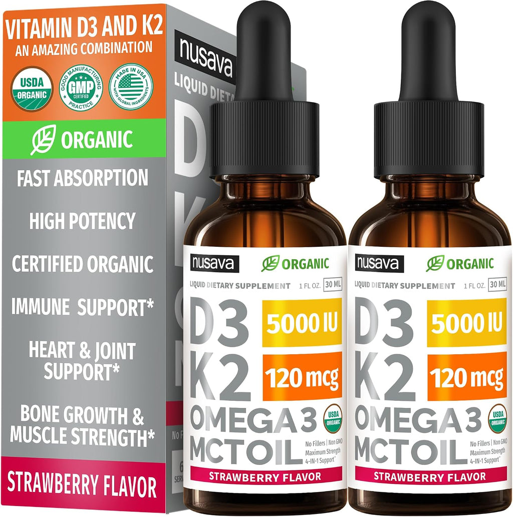 NUSAVA Unflavored D3 K2, Strawberry Flavored D3 K2 & Vitamin B12 Liquid Drops Bundle — Daily Wellness Liquid Vitamins for Energy & Immune Support — Non-GMO, Gluten-Free, 2pk Each
