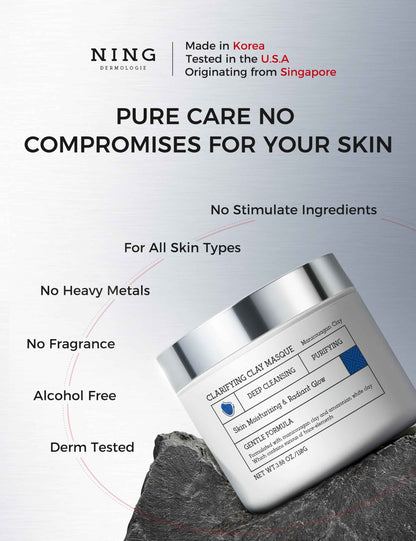 NING DERMOLOGIE Clay Mask for Face & Sensitive Skin: Triple Mud Formula Deep Cleans Pores Reduces Acne Balances Oil & Improves Texture - 3.88 Oz