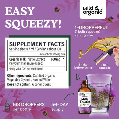 Wild & Organic Dandelion Root Tincture & Milk Thistle Tincture 4 fl oz - Liver Cleanse Detox Support - Dandelion Root Extract Drops - Milk Thistle Supplement - No Sugar & Alcohol