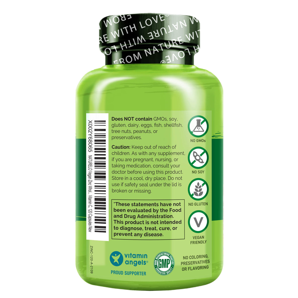 NATURELO Vegan Zinc Immune Support Capsules - Whole Food Complex with Vitamin C for Healthy Skin, Hair, and Nails - 120 Capsules