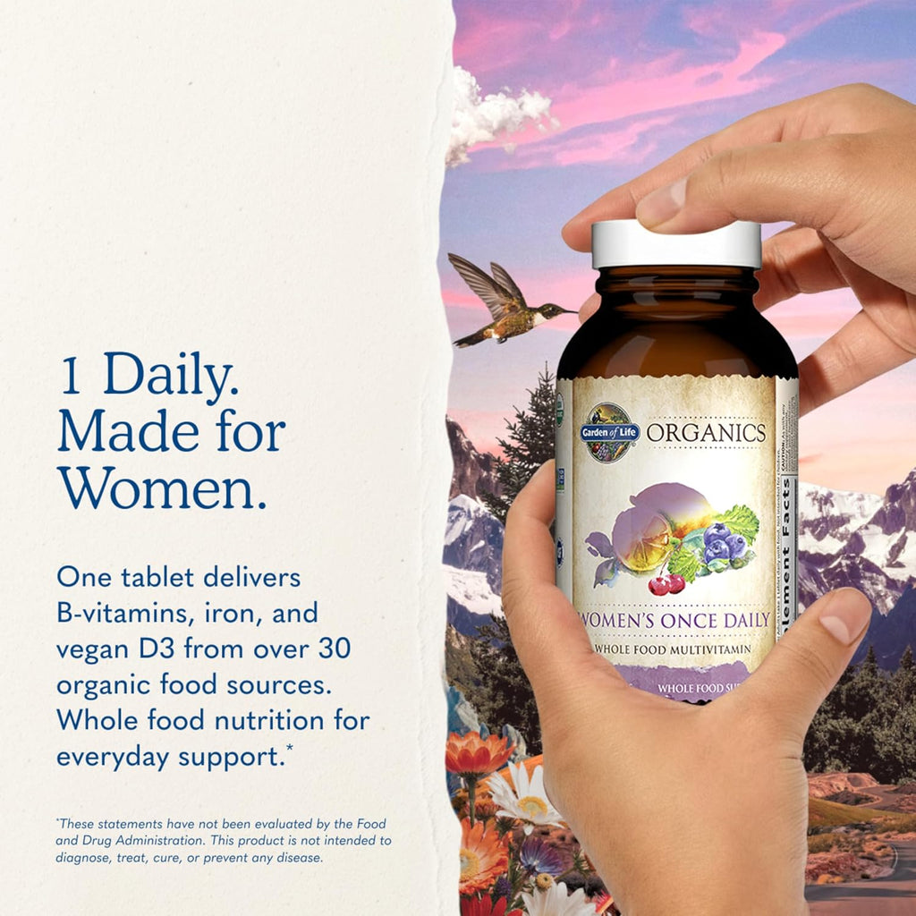 Garden of Life Organics Multivitamin for Women - Women's Once Daily Multi - Whole Food Multi with Iron, Biotin, Vegan Organic Womens Multivitamin for Health, Energy Hair Skin and Nails, 60 Tablets | Women's Once Daily, Whole Food Multi with Iron, Biotin,