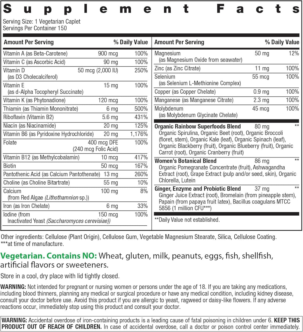 Rainbow Light Womens Multivitamin One + | 150 Caplets | Supports Cellular Energy & Antioxidant Health | Real Food Nutrients, Digestive Enzymes & Probiotics | with Vitamins C, D, and Zinc