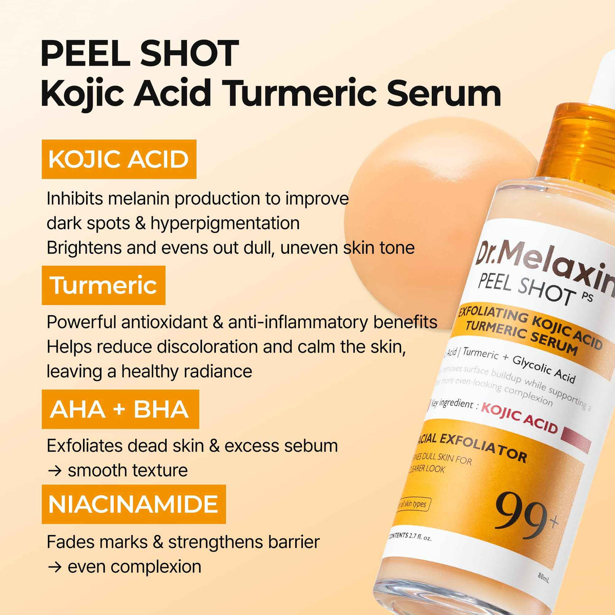 Dr. Melaxin Peel Shot Kojic Acid Turmeric Serum – Exfoliating Dark Spot Corrector with AHA/BHA & Niacinamide, Brightening & Even Tone