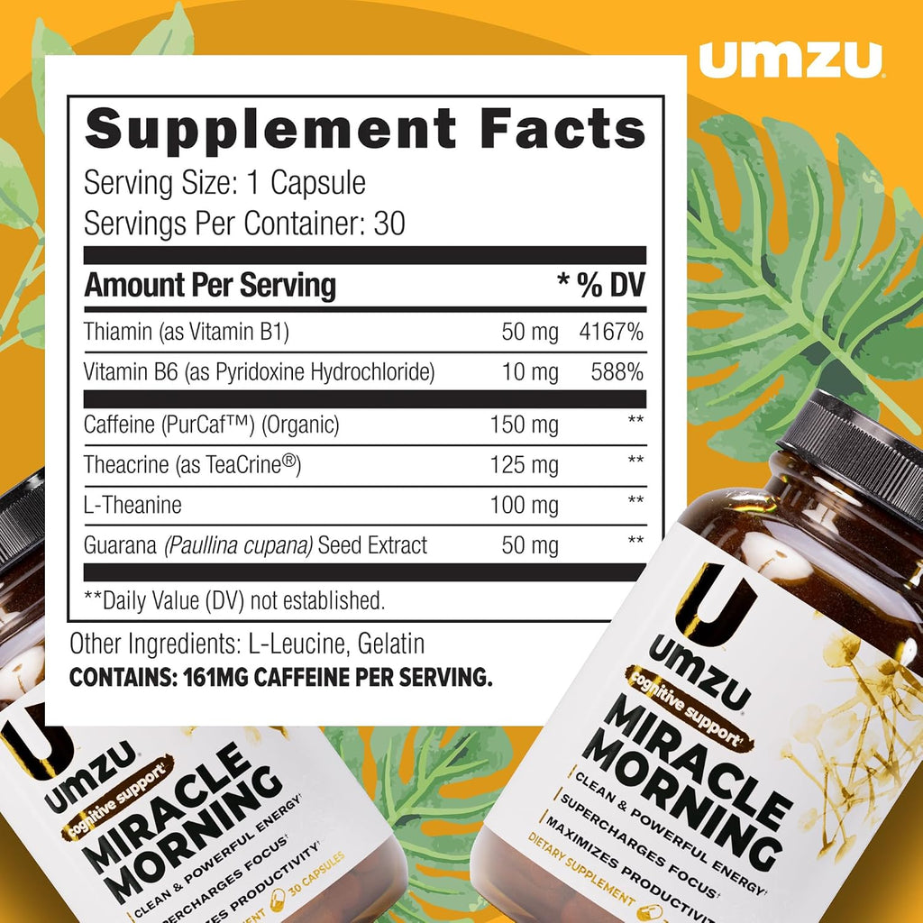 UMZU Miracle Morning Energy Support Supplement, 30 Day Supply | PurCaf Caffeine and Theacrine, Organic Ingredients, Morning Energy, Focus and Mood Support, Daily Energy and Focus Supplement