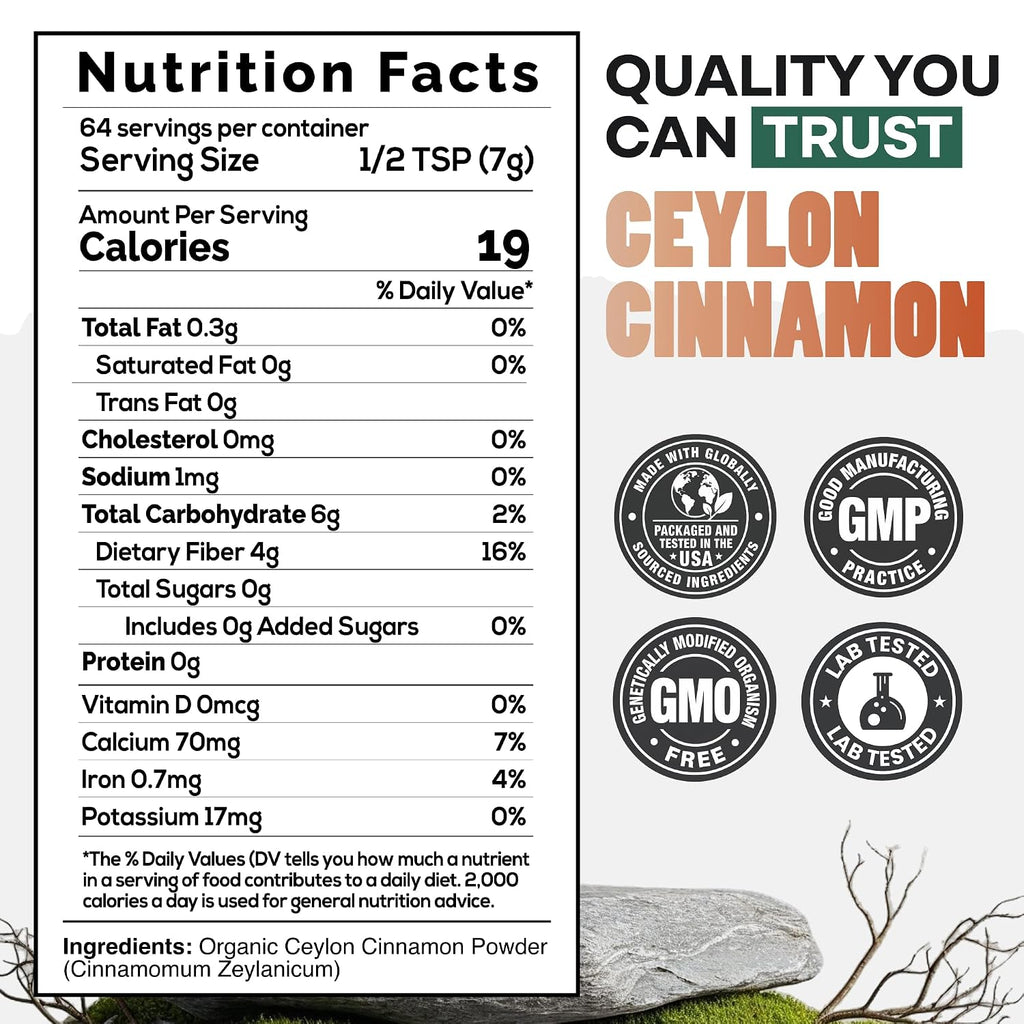Wild Ceylon Cinnamon Powder - 100% Organic from Sri Lanka - USDA Approved, 16oz Low Coumarin - Aromatic Cinnamon - Ideal for Smoothies, Baking and Coffee - Support Overall Wellness
