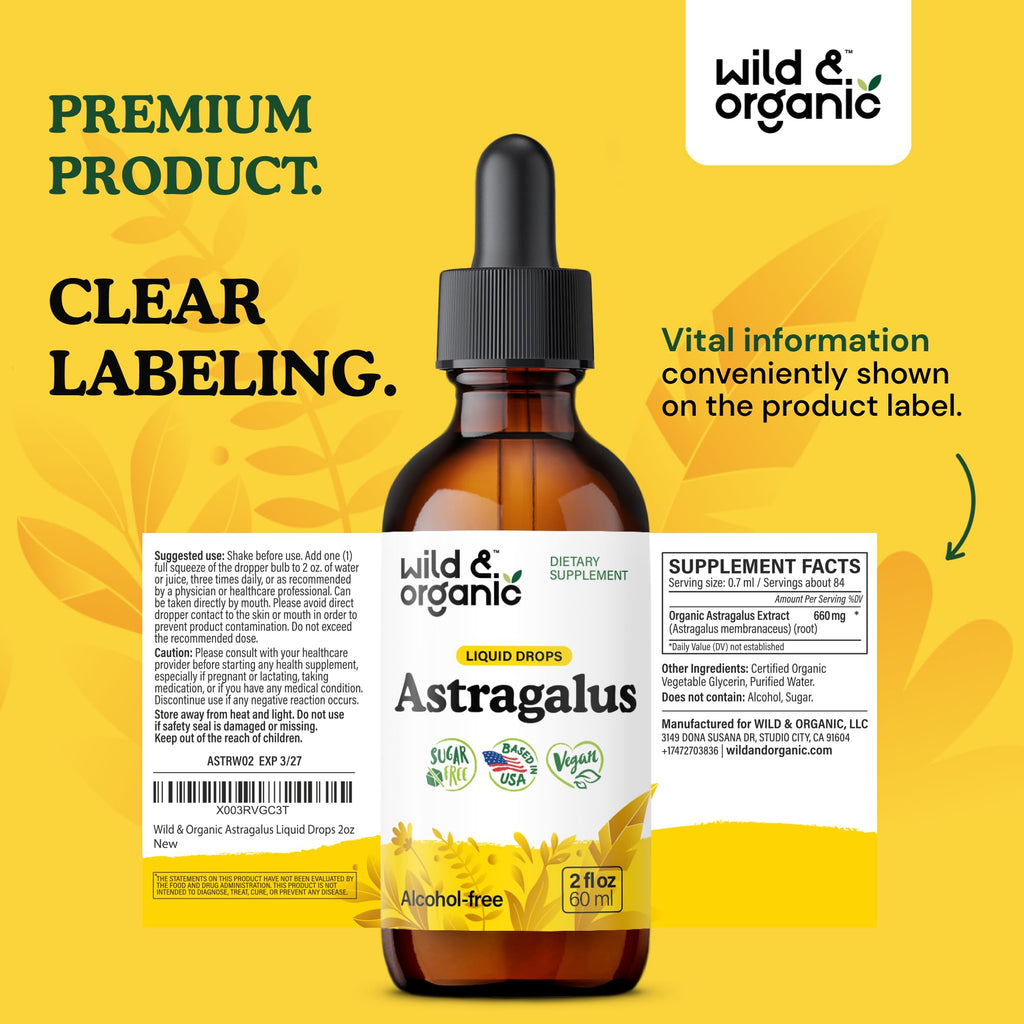 Wild & Organic Astragalus Root Extract Drops - Immune Support - Liquid Astragalus Supplement - Add to Tea & Mix with Powder - Membranaceus Herb - Vegan, Sugar & Alcohol-Free Tincture - 4 fl oz
