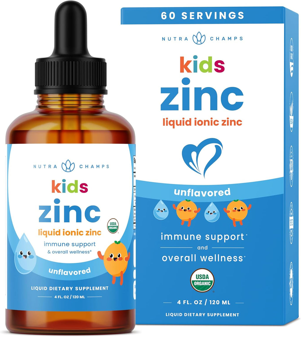 NutraChamps Organic Liquid Zinc Drops for Kids, Ionic Zinc Drops Enhanced with Vitamin C for Children, Sugar-Free 4 oz, Vegan & Non-GMO, Unflavored, 60 Servings, 2 Month Supply