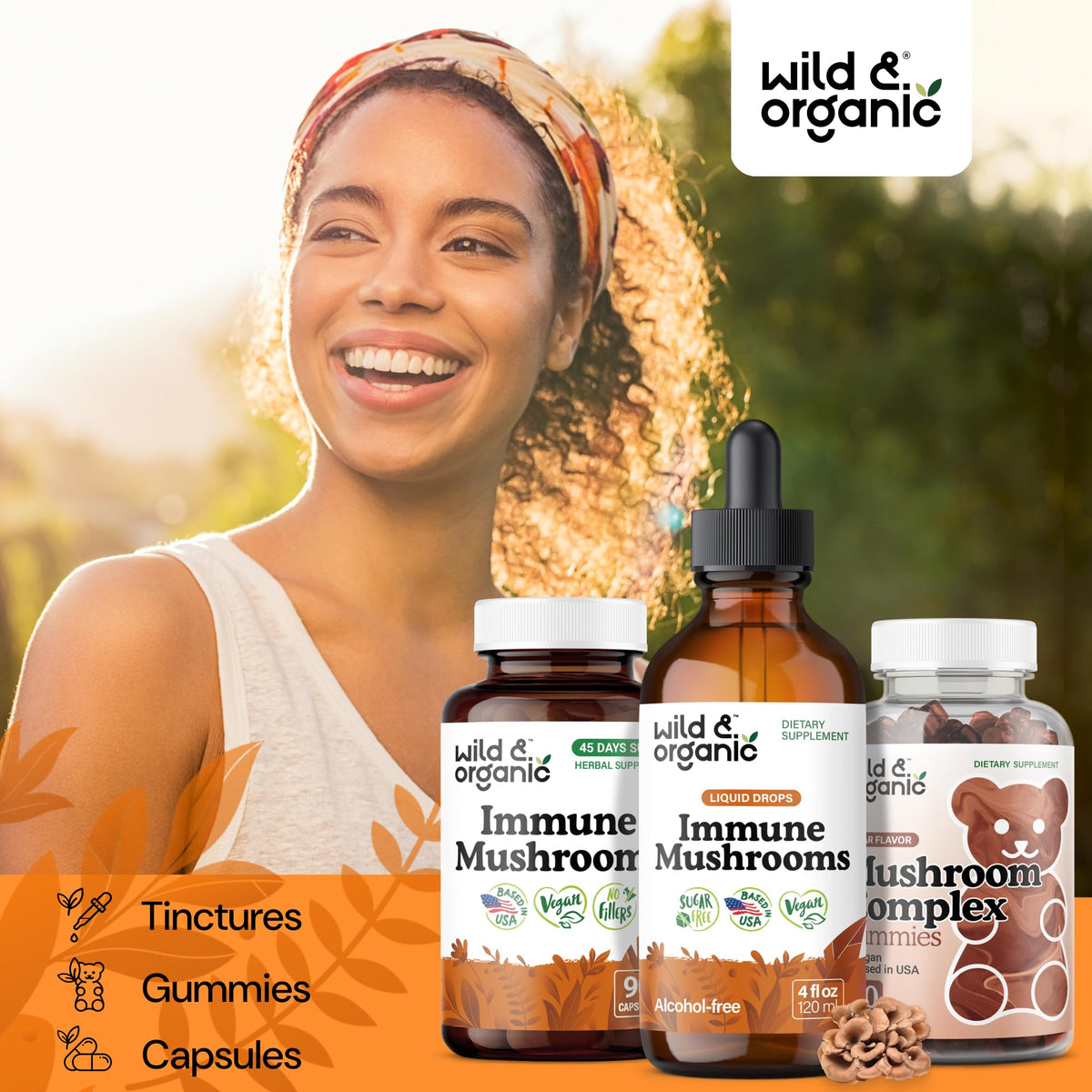 Wild & Organic Immune Mushroom Tincture - 8-in-1 Immune Support with Chaga, Reishi, Turkey Tail, Lion’s Mane, Maitake Extract - Liquid Mushroom Supplement - Vegan, Sugar & Alcohol-Free Drops - 4 oz