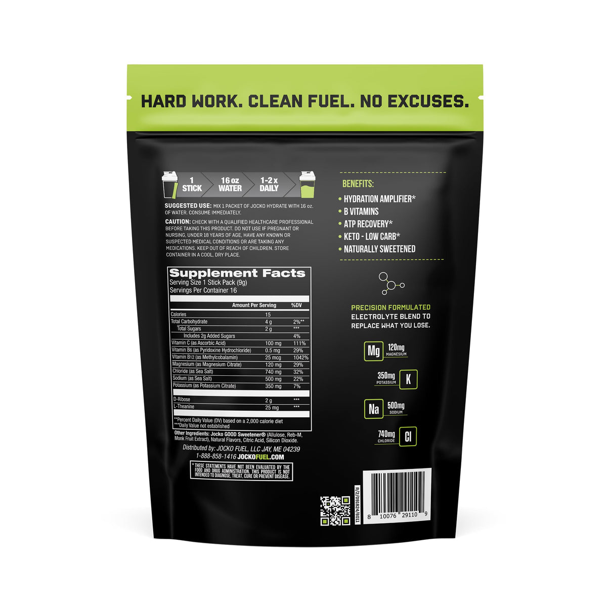 Jocko Fuel Packets Low Sugar - Hydration Amplifier Packets for Recovery, Dehydration, & Exercise - with Vitamins B6, B12 & C (16 Packets) Lemon Lime