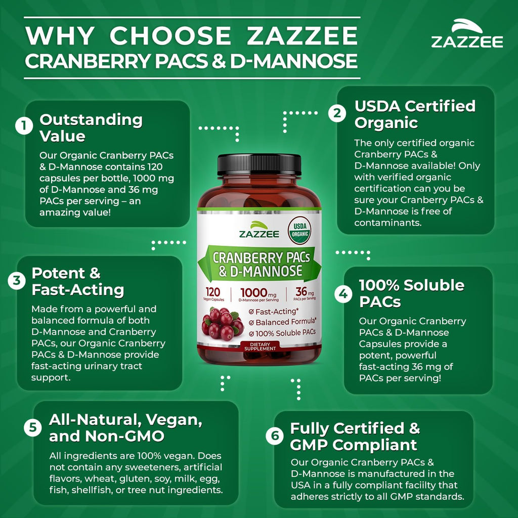 Zazzee USDA Organic Cranberry PACs & D-Mannose, 36 mg PACs per Serving, 1000 mg D-Mannose per Serving, 120 Vegan Capsules, 2 Month Supply, Urinary Tract & Bladder Support, Non-GMO, Made in the USA