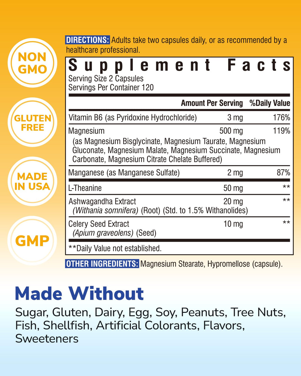 Vitalibre Magnesium Complex 500mg for Women Men, 120 Vegan Capsules | with Ashwagandha, L-Theanine, Vitamin B6 & Celery, High Absorption Magnesium Glycinate, Citrate, Malate, Sleep & Bone Support