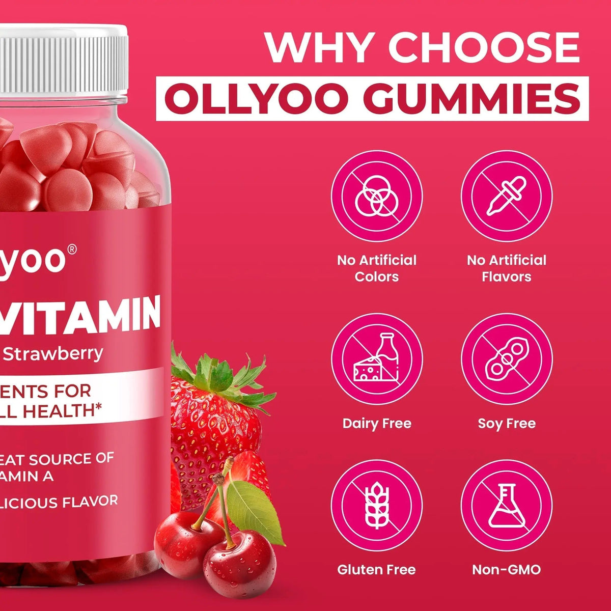 Ollyoo Multivitamin Gummies for Adults | Cherry & Strawberry Flavor | Great Source of Vitamin A & Essential Nutrients | Ollyoo