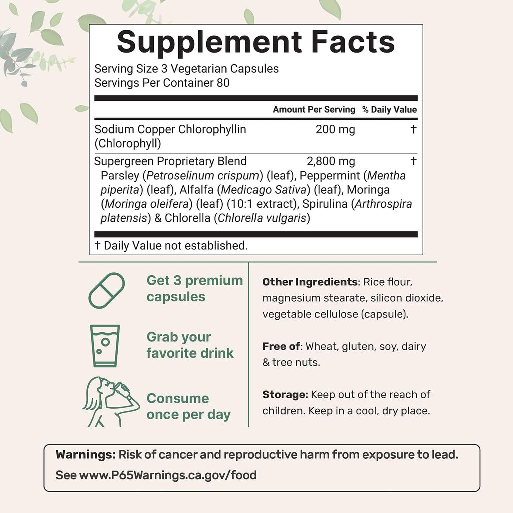 Micro Ingredients Chlorophyll Super Greens Complex | 240 Veggie Capsules with Parsley, Moringa, Spirulina, Chlorella, & More | Gluten-Free, No Additives