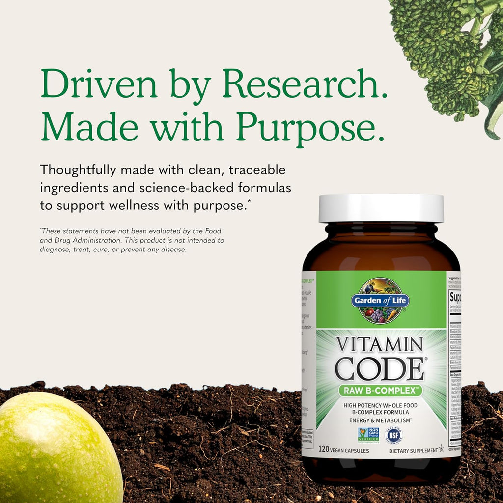 Garden of Life Vitamin B Complex, 120 Vegan Capsules, High Potency Vitamins for Energy & Metabolism with B6, Folate & B12 as Methylcobalamin plus Probiotics | High Potency Vitamins for Energy & Metabolism with B6, Folate & B12 as Methylcobalamin, plus Pro
