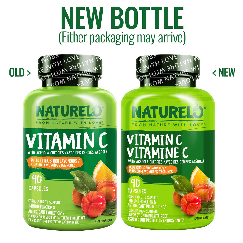 NATURELO Vitamin C with Organic Acerola Cherry Extract and Citrus Bioflavonoids - Vegan Supplement - Immune Support - 500 mg VIT C per Cap - Non-GMO - 90 Capsules