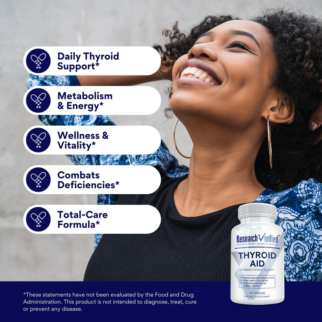 Research Verified® Thyroid Aid - Optimal Thyroid Function with Iodine Copper & Zinc - 260 mcg Selenium - 100% Pure - Vegan Friendly - 60 Capsules - 1 Month Supply
