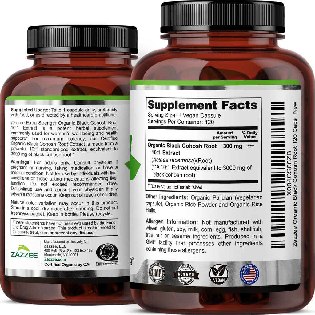 Zazzee USDA Organic Black Cohosh 10:1 Extract, 120 Vegan Capsules, 4 Month Supply, Actaea Racemosa, Women’s Health & Hormonal Balance Support, All-Natural, Non-GMO, Made in the USA