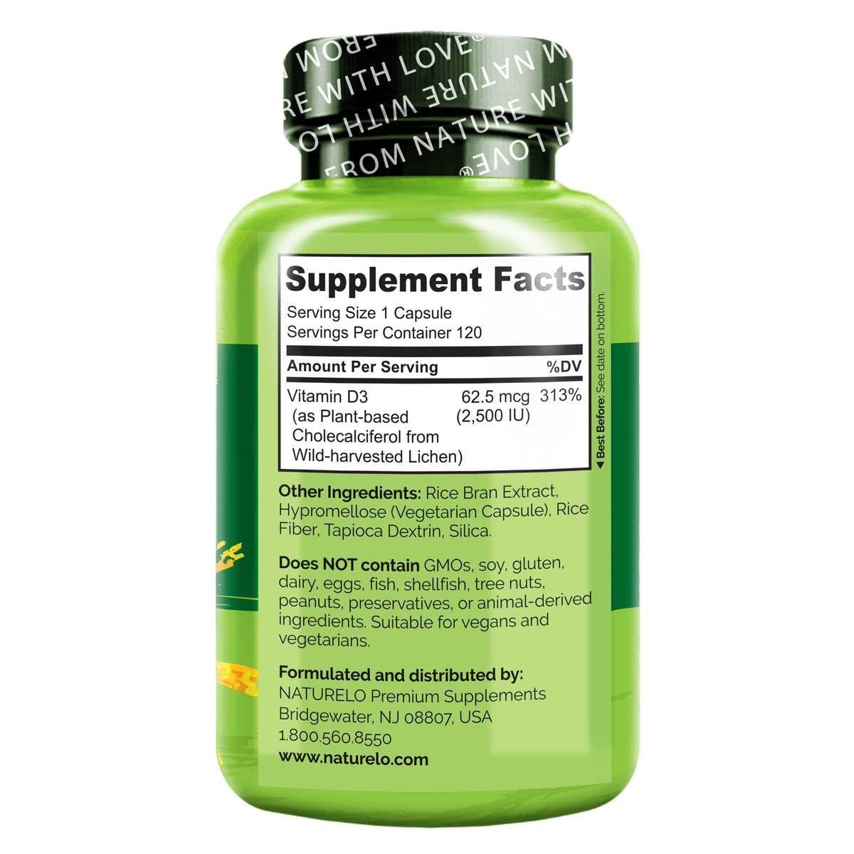NATURELO Vitamin D - 2500 IU - Plant Based from Lichen - Natural D3 Supplement for Immune System, Bone Support, Joint Health - Vegan - Non-GMO - Gluten Free - 180 Capsules