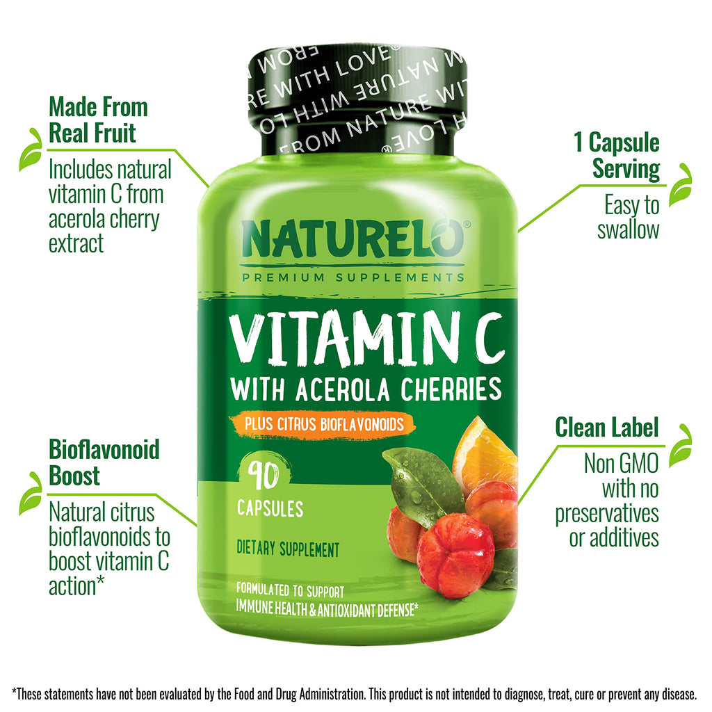 NATURELO Vitamin C with Organic Acerola Cherry Extract and Citrus Bioflavonoids - Vegan Supplement - Immune Support - 500 mg VIT C per Cap - Non-GMO - 90 Capsules