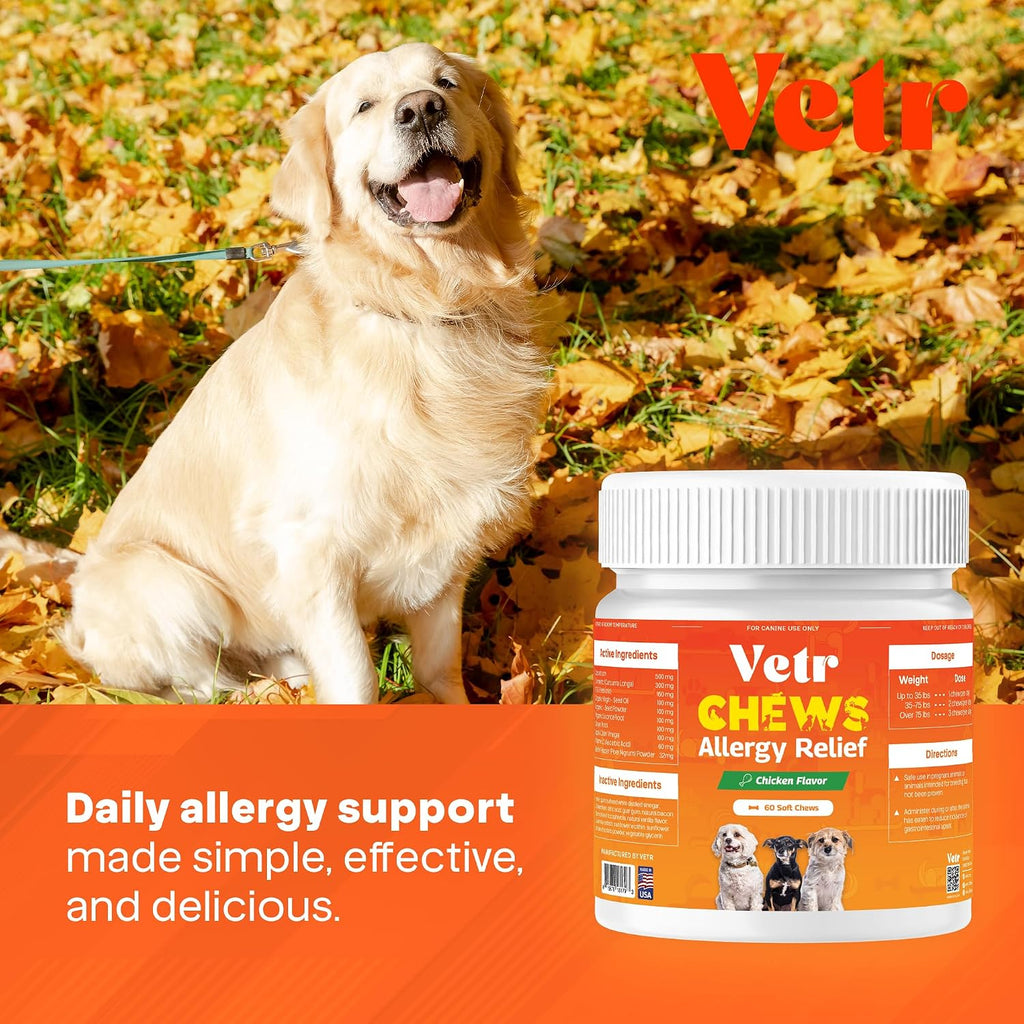 Vetr Allergy Relief Chews for Dogs - Dog Itching Skin Relief, Dog Allergy Treats with Probiotics and Omega-3 - Chicken Flavored 60 Count - Vet-Formulated in USA