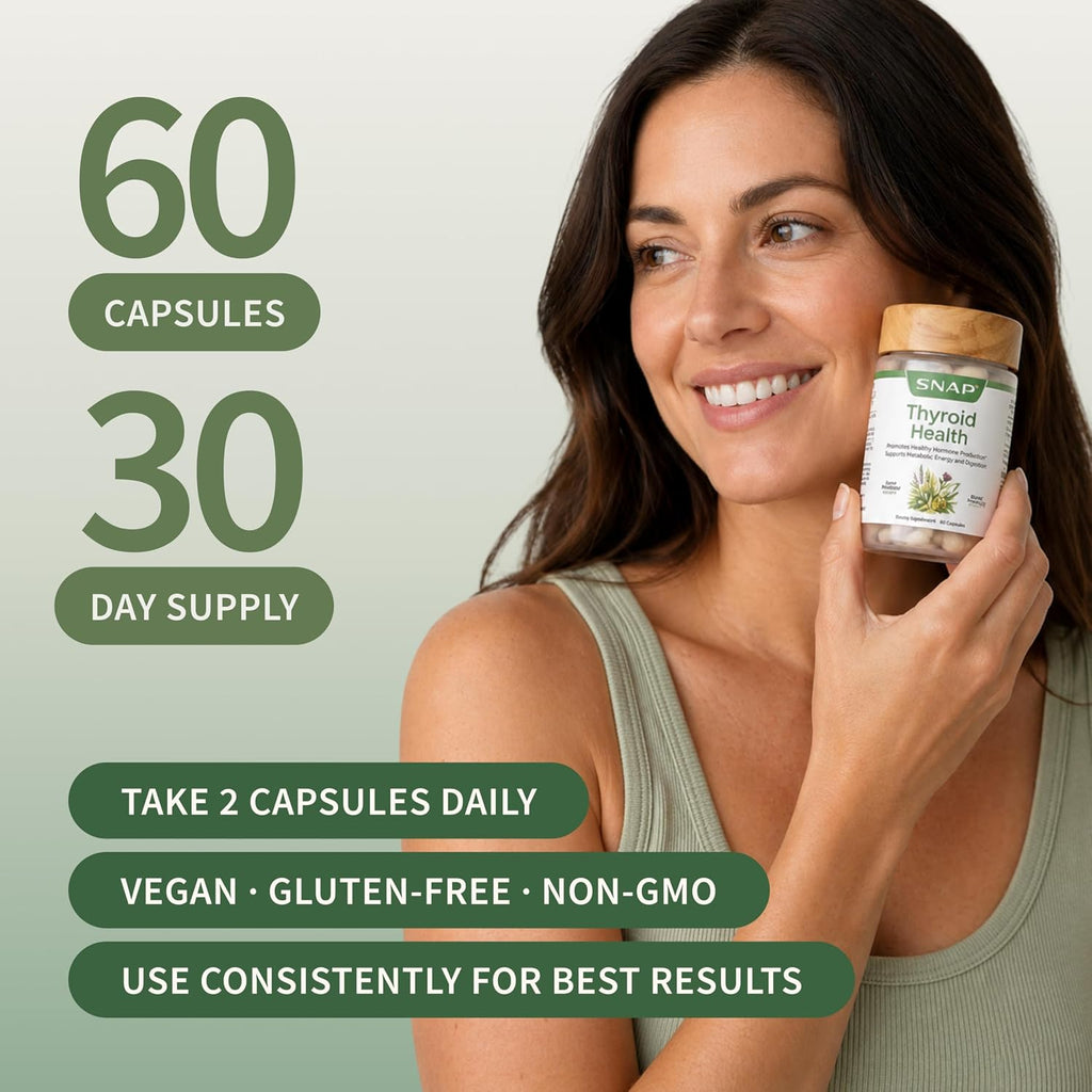 Snap Supplements Thyroid Health, Selenium, Zinc, L-Tyrosine, 60 Capsules | Thyroid Support Supplement for Women & Men, Botanicals for Metabolism, Energy & Endocrine Balance, Iodine-Free, Vegan