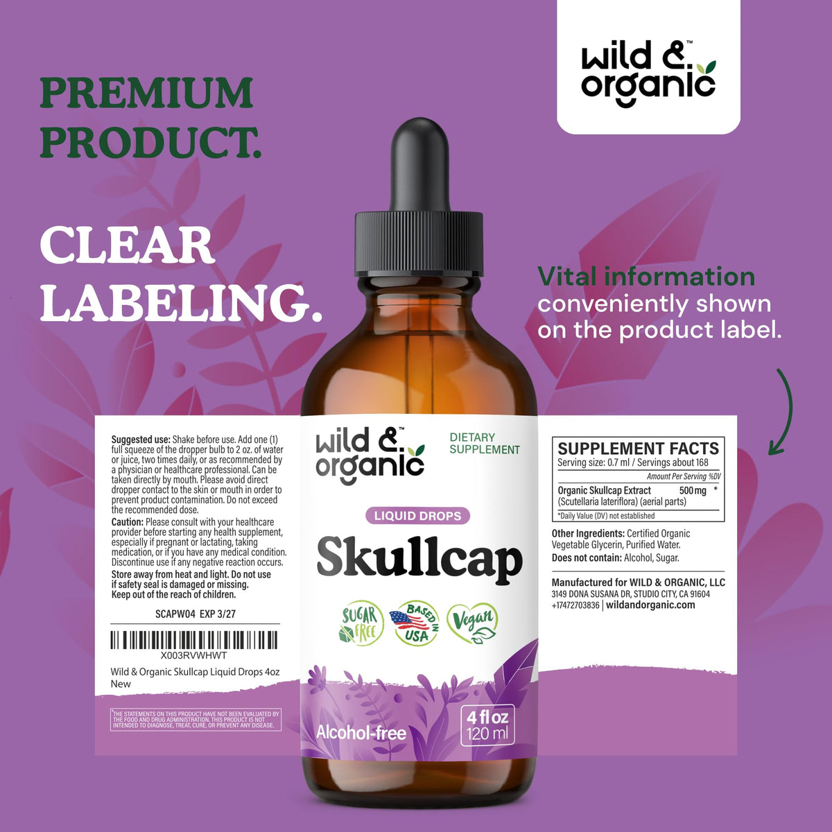 Wild & Organic Skullcap Herb Tincture - Skullcap Supplement for Mood Support - Relaxing Liquid Extract Drops - Vegan, Sugar & Alcohol-Free - 4 fl oz