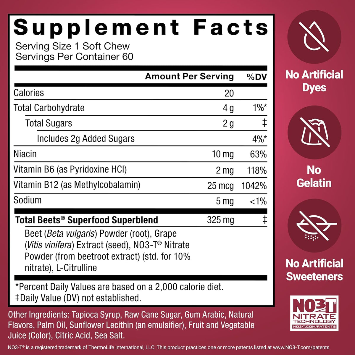 Force Factor Total Beets Soft Chews Heart Health Superfood with Beetroot | with Beet Root Powder & B Vitamins to Support Nitric Oxide, Healthy Energy Supplement, 60 Chews
