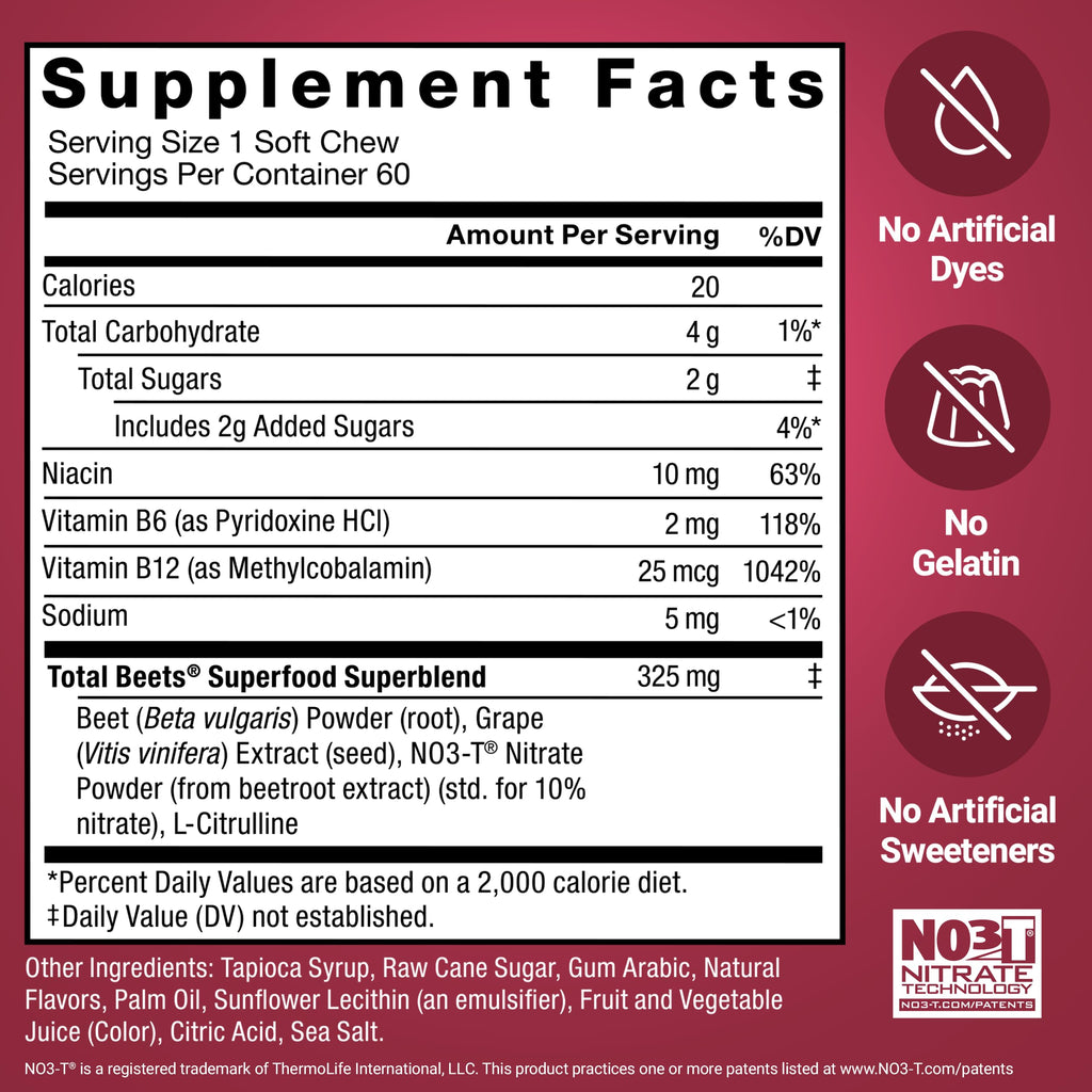 Force Factor Total Beets Soft Chews Heart Health Superfood with Beetroot | with Beet Root Powder & B Vitamins to Support Nitric Oxide, Healthy Energy Supplement, 60 Chews