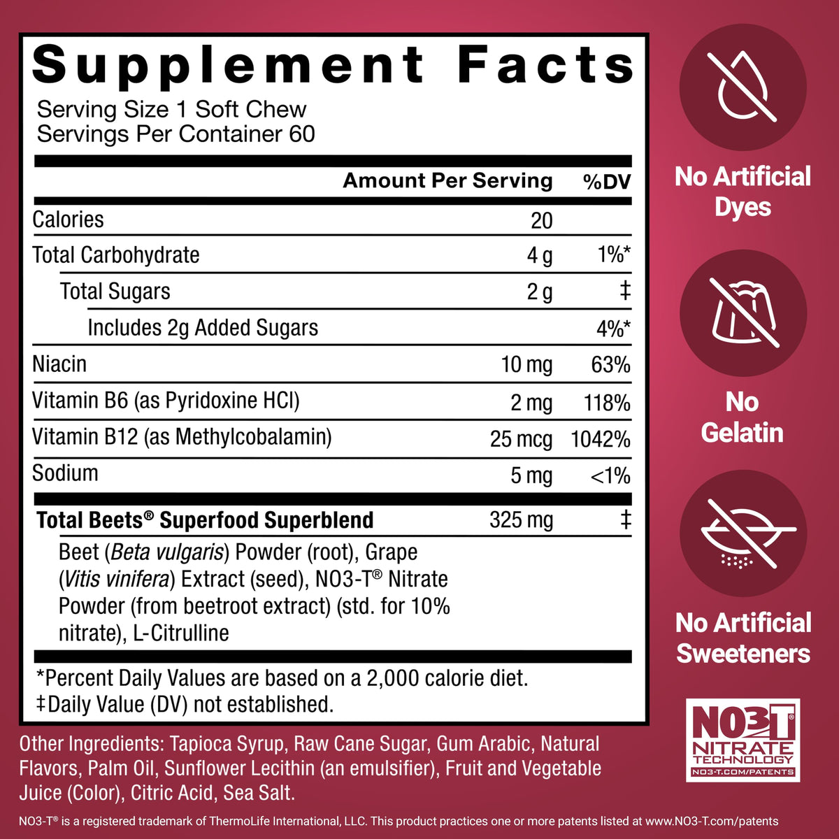 Force Factor Total Beets Soft Chews Heart Health Superfood with Beetroot | with Beet Root Powder & B Vitamins to Support Nitric Oxide, Healthy Energy Supplement, 60 Chews