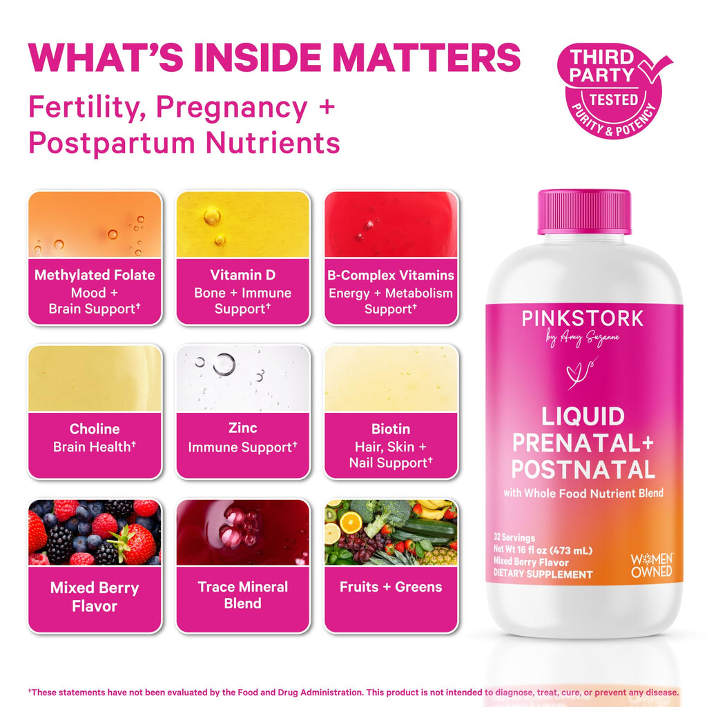 Pink Stork Liquid Prenatal Vitamins for Women – Berry, 32 Servings | Doctor Formulated, Organic Whole-Food Blend, Methylated Folate, Sugar-Free, Fertility to Postpartum, Breastfeeding Friendly