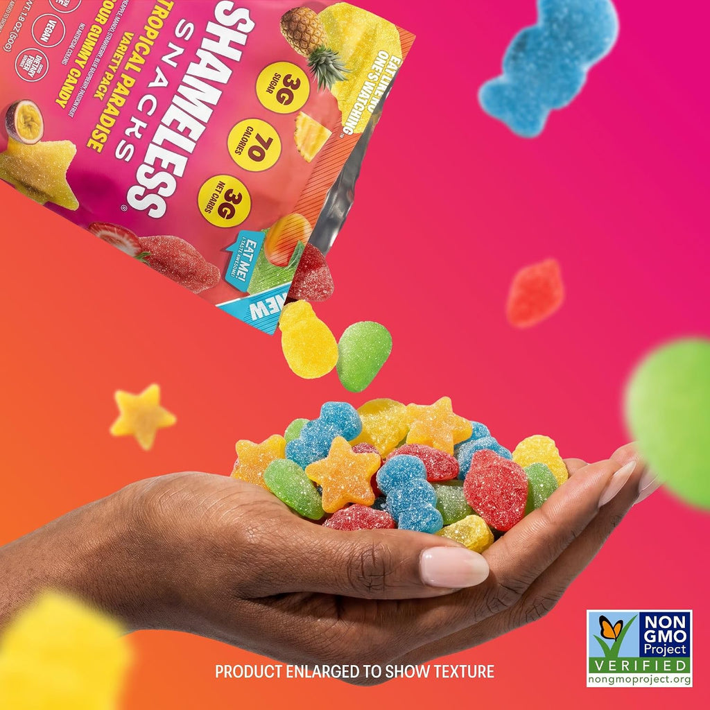 Shameless Snacks Tropical Paradise Mixed Bag - Sour Gummy Candy | 5 Tropical Flavors Per Bag Fruit Snacks, Keto 3g Sugar - Gluten Free Vegan Gummies for Adults