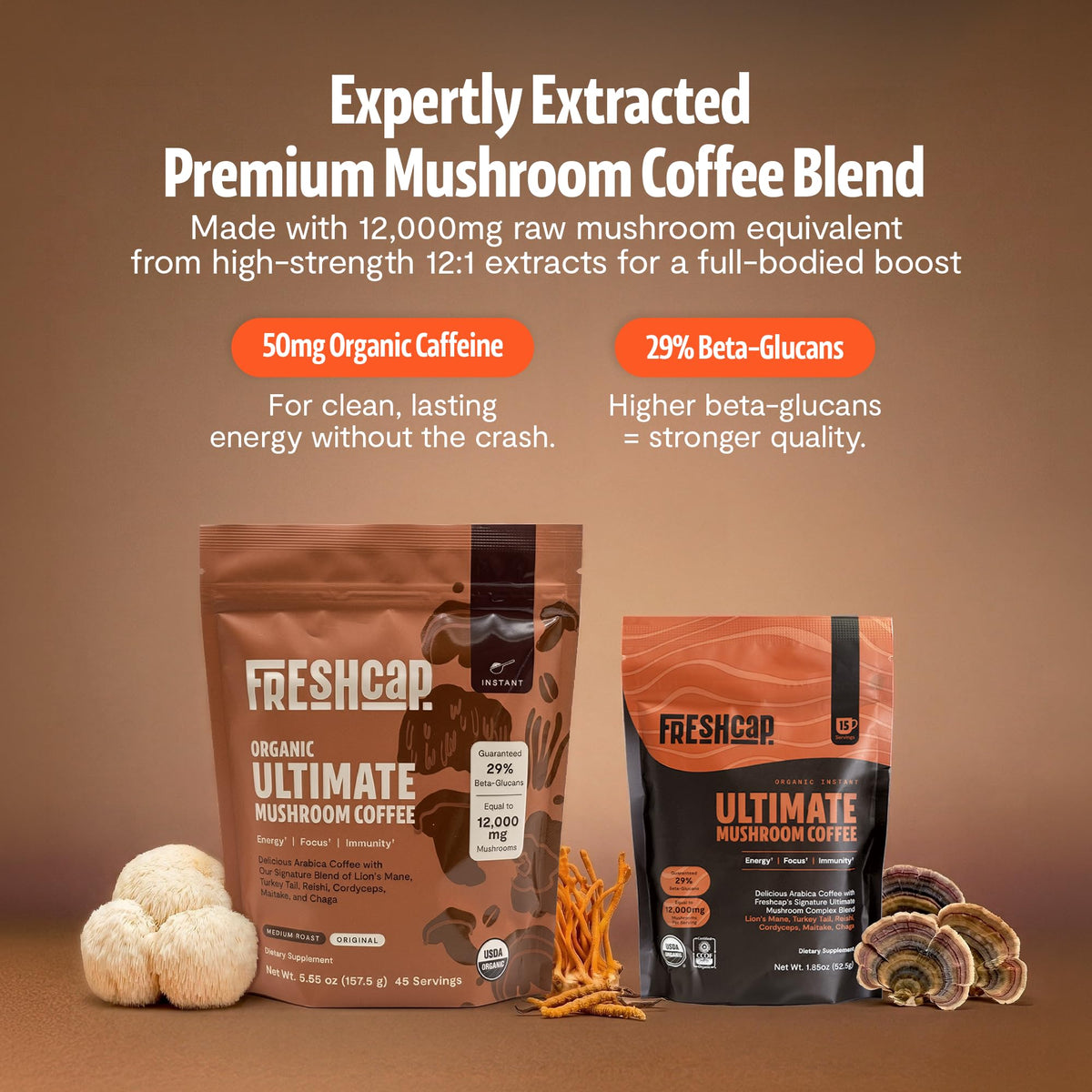 Premium Organic Mushroom Coffee – 12:1 Fruiting Body Extract – 29% Beta-Glucans – Smooth Tasting, 3rd-Party Tested for Clean Energy, No Jitters, Focus, Immune Support (15 Servings)