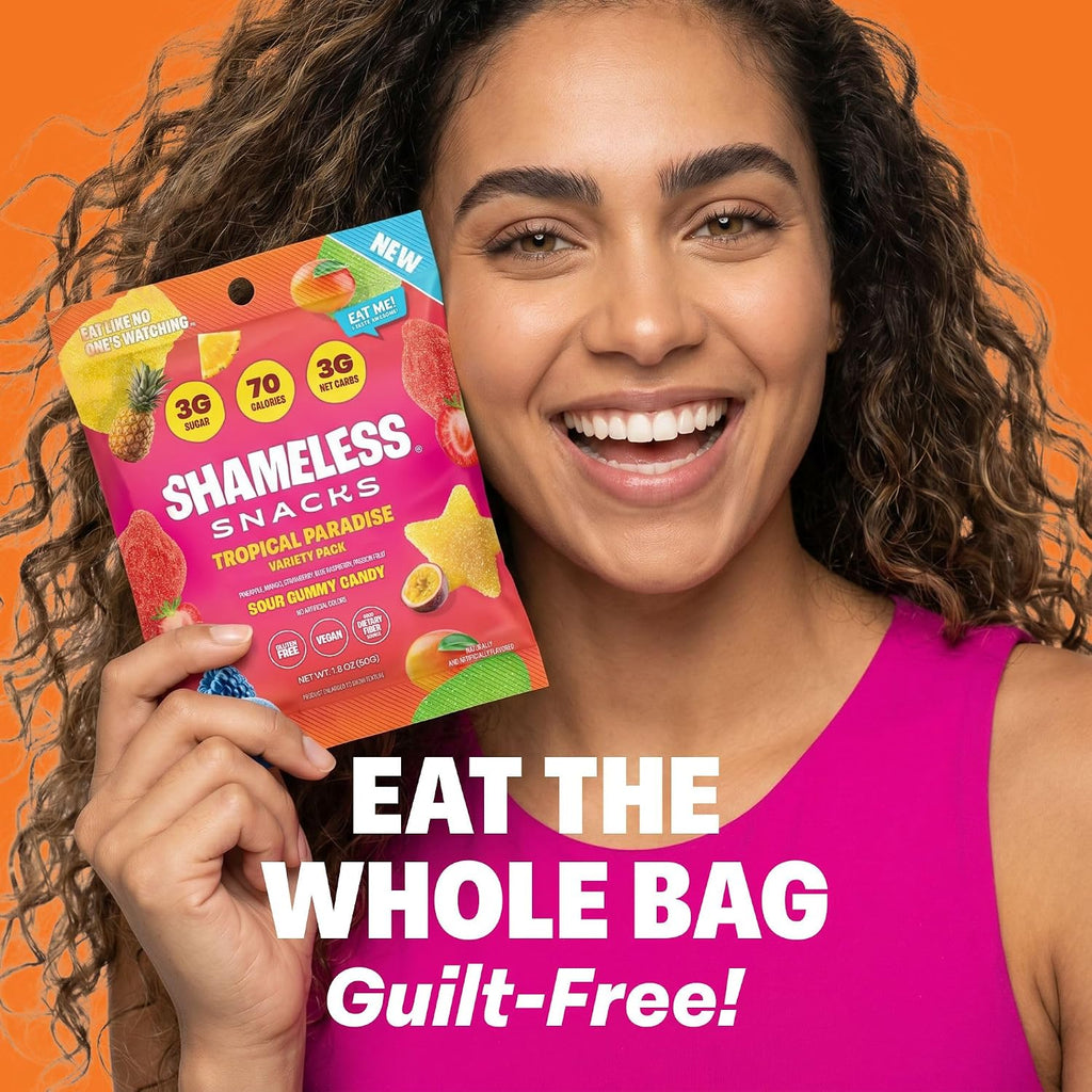 Shameless Snacks Tropical Paradise Mixed Bag - Sour Gummy Candy | 5 Tropical Flavors Per Bag Fruit Snacks, Keto 3g Sugar - Gluten Free Vegan Gummies for Adults