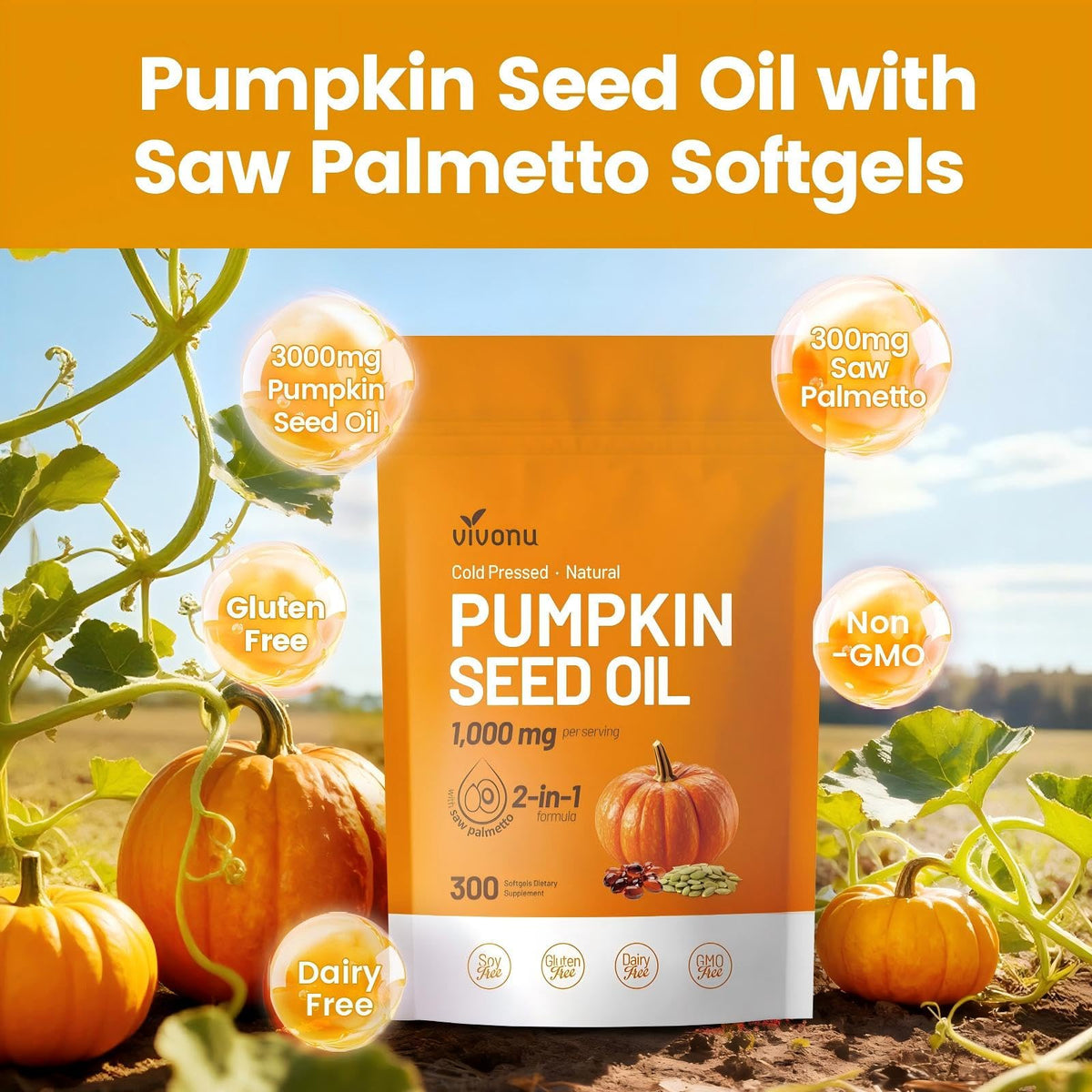 VivoNu Pumpkin Seed Oil with Saw Palmetto Capsules | Cold Pressed, Pure Virgin Oil, Essential Fatty Acids & Phytosterols | 300 SoftgelsSupports Hair, Urinary, Bladder & Prostate Health | Non-GMO