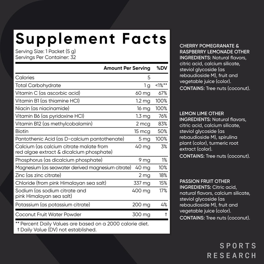 Sports Research® Hydrate Electrolytes Powder Packets - Sugar-Free & Naturally Flavored with Vitamins, Minerals, and Coconut Water - Supports Hydration - 16 Packets - Variety Pack | Sugar-Free