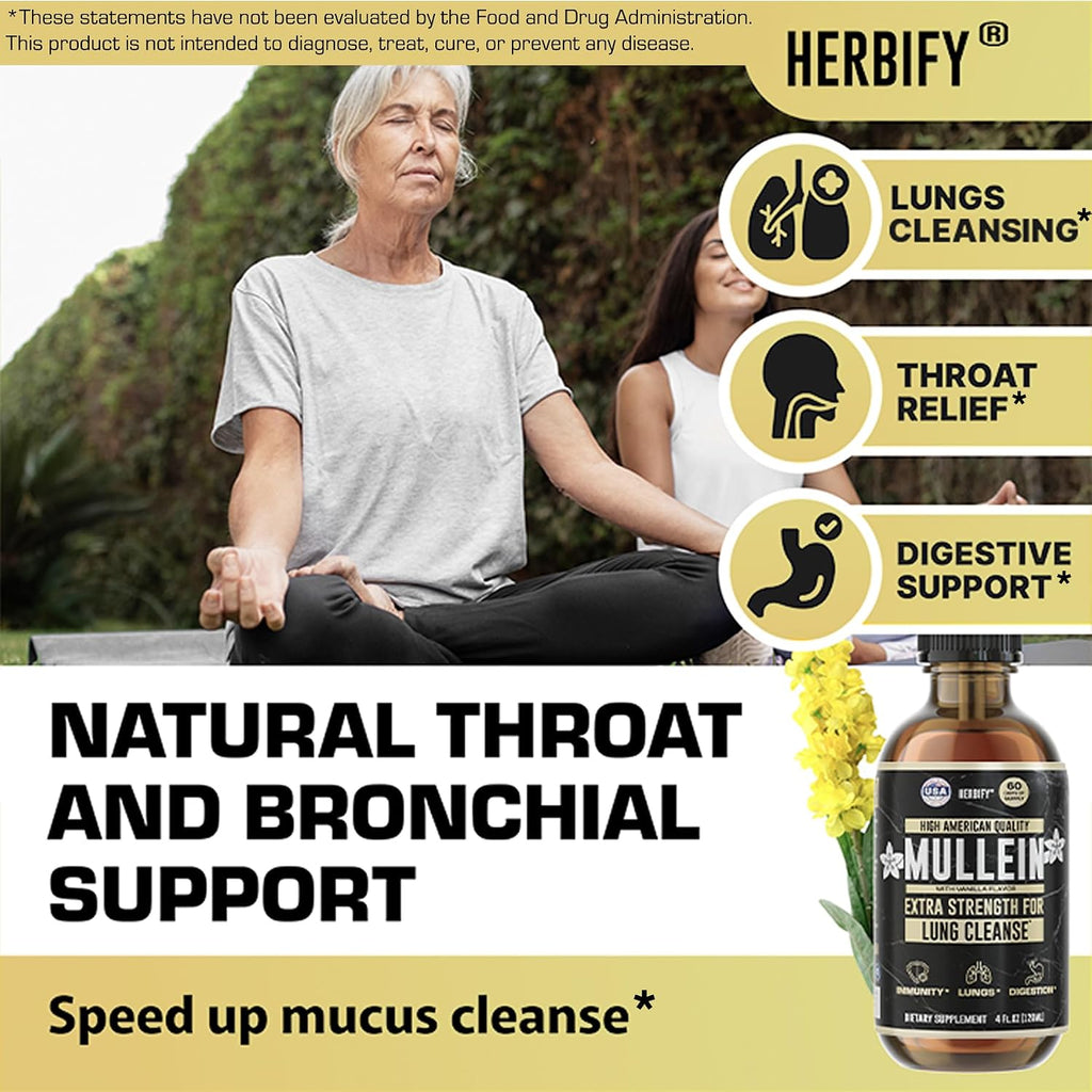 HERBIFY Bundle - Lions Mane & Mullein Vanilla 4 Fl Oz Drops - Supplement for Memory, Focus & Clarity & Immune Support, Lung Cleanse and Bronchial Support