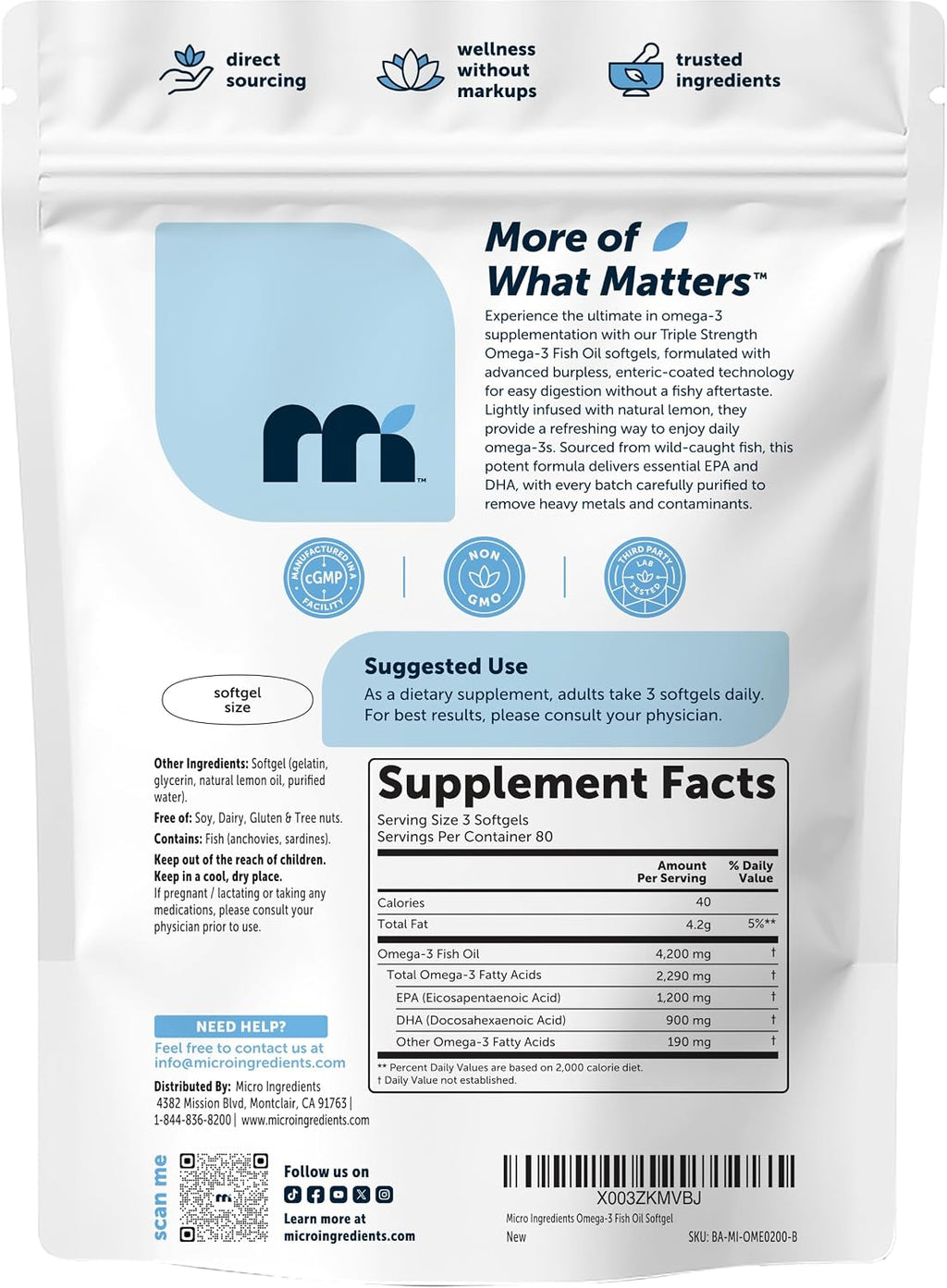 Micro Ingredients Triple Strength Omega-3 Fish Oil 4,200 mg Per Serving | EPA 1200mg + DHA 900mg Per Serving, Wild Caught Fish Source, Lemon-Flavored, 240 Softgels, Burpless, No Fishy Aftertaste.