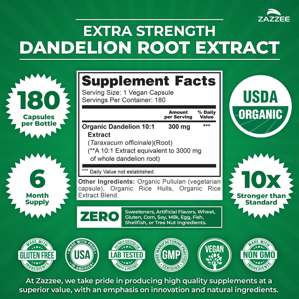 Zazzee USDA Organic Dandelion Root 10:1 Extract, 120 Capsules, 4 Month Supply, Liver & Detox Support, Taraxacum Officinale, Organic Herbal Supplement, All-Natural, Non-GMO, Made in the USA