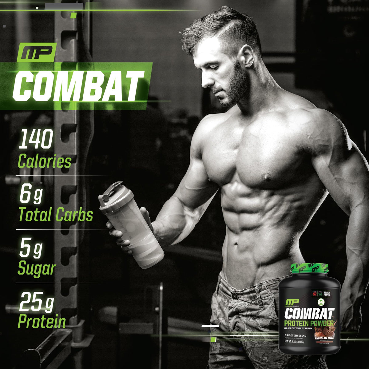 MusclePharm Combat Protein Powder, Chocolate Milk Flavor, Fuels Muscles for Productive Workouts, 5 Protein Sources including Whey Protein Isolate & Egg Albumin, Gluten Free, 4.2 lb, 52 Servings