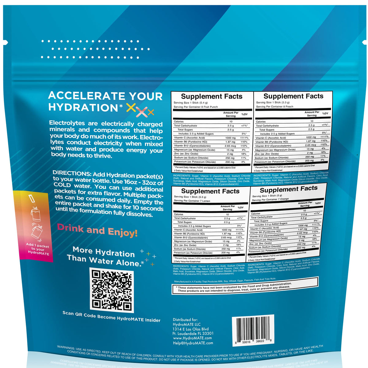 HydroMATE Electrolyte Powder Variety Pack Hydration Packets Low Sugar 30 Count