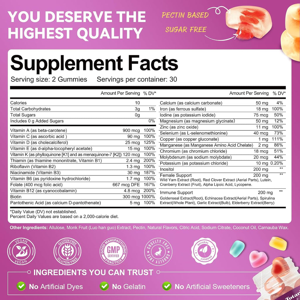 Totaria Sugar Free Womens Multivitamin Gummies with Iron, Women's Multivitamin w/Vitamins C, D3 K2, B12, B6, Filled Gummies for Daily Nutritional Support| Immune Support| Skin Health, Mixed Flavors