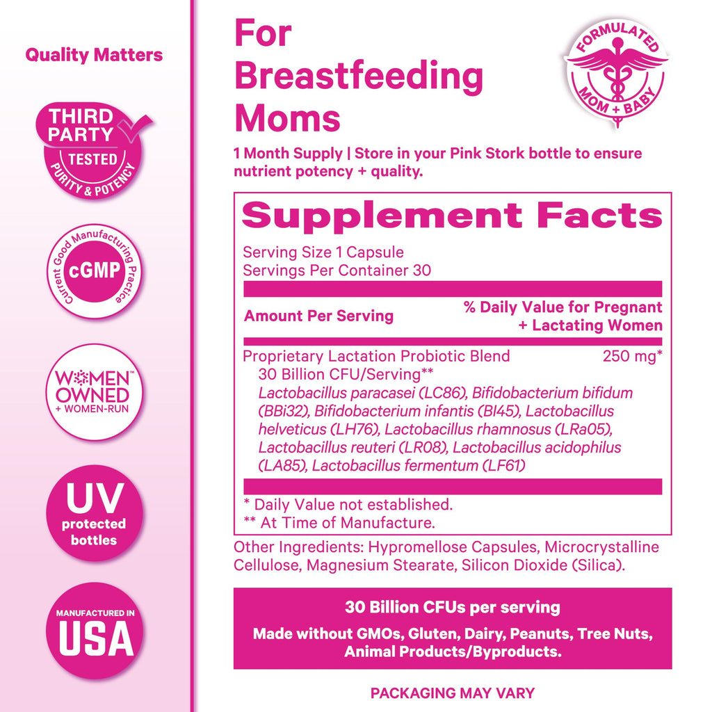 Pink Stork Lactation Probiotic, 30 Billion CFUs, 30 Capsules | Multi Strain Postnatal Probiotics for Breastfeeding Women, Support Breast Milk & Gut Health, Postpartum Essentials