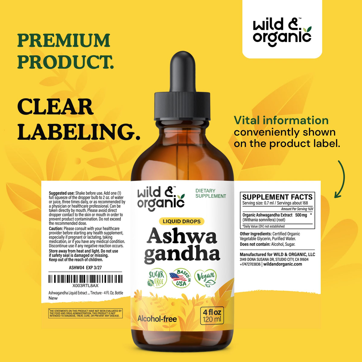 Wild & Organic Ashwagandha Drops - Mood Support & Positive Energy - 500 mg Ashwagandha for Women & Men - Add to Tea Liquid Extract for Relaxation - Non-GMO, Sugar & Alcohol-Free Tincture - 4 fl oz