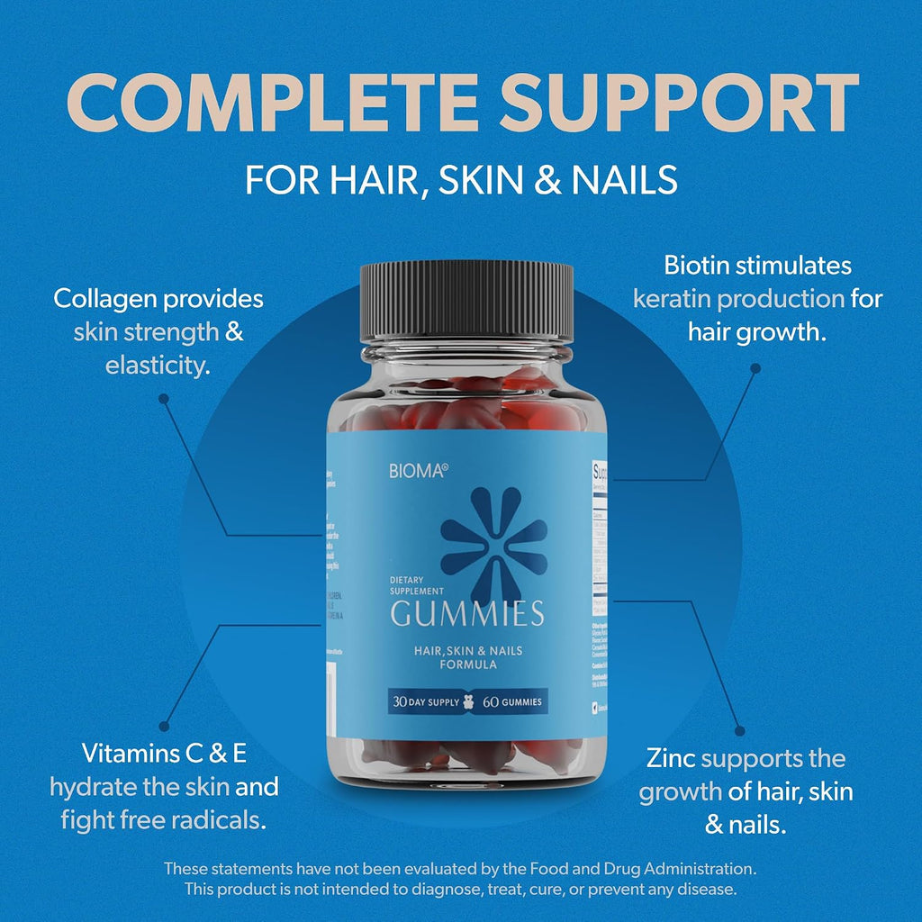 BIOMA Hair, Skin & Nails Beauty Gummies - Supports Growth & Strength with Biotin, Collagen, Zinc & Vitamins C & D - Gluten-Free - 60 Gummies (30-Day Supply)