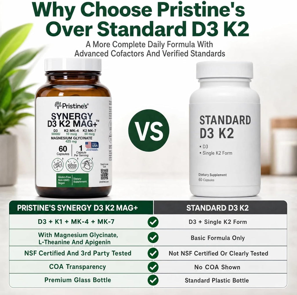 Pristine's NSF Certified Vitamin D3 K2 5000 IU with Magnesium, 60 Caps | Two forms of K2, MK-4 and MK-7, plus apigenin, L-theanine and magnesium glycinate. Non-GMO, gluten-free, NSF Certified.