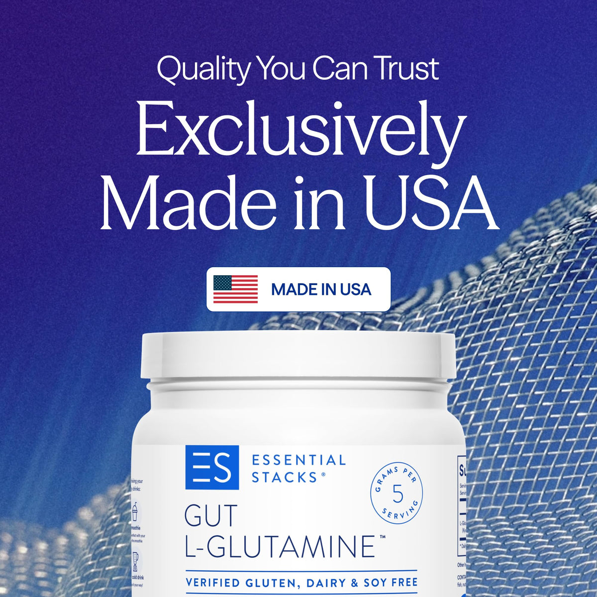 Essential Stacks Gut L-Glutamine Powder - Exclusively Made in USA - Pure L Glutamine Powder for Gut Health (100 Servings, Unflavored)