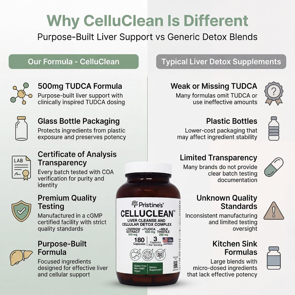 PRISTINE'S CelluClean Liver Support with TUDCA, Milk Thistle, 60 Count | TUDCA, milk thistle and yarrow in a daily liver support routine. Vegan, non-GMO, gluten-free and third-party tested formula