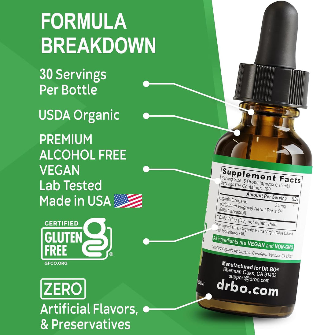Oregano Oil Organic Liquid Drops - 6 Month Supply Organic Oil of Oregano Drops Liquid Tincture Extract, Cleanse, Detox, Immune Support, Digestive Gut Health - Pure Vegan Non-GMO Herbal Tincture 1 oz
